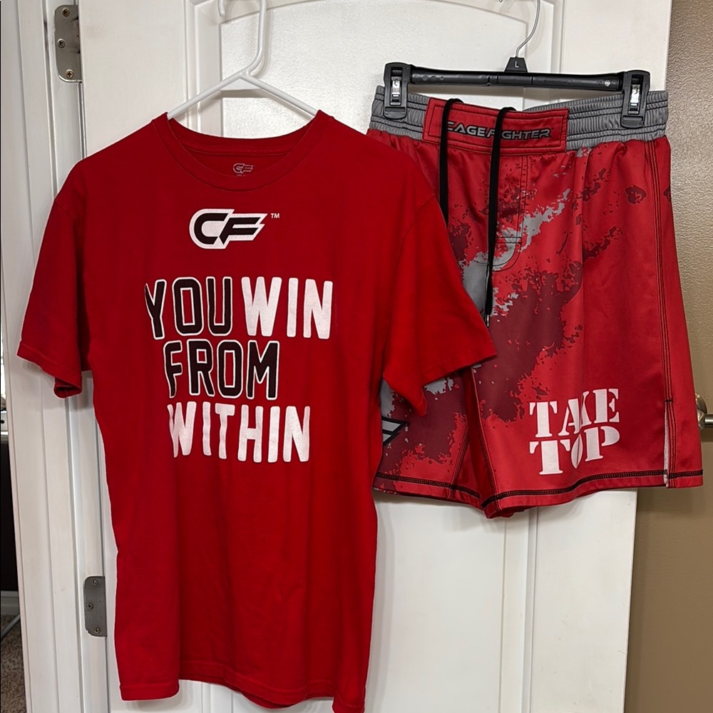 Red CF T-Shirt and Cage Fighter Shorts Set Size Medium
